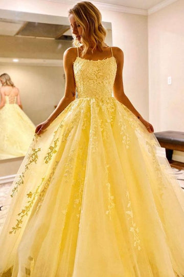 Yellow tulle lace long prom dress yellow lace formal dress HZ1023